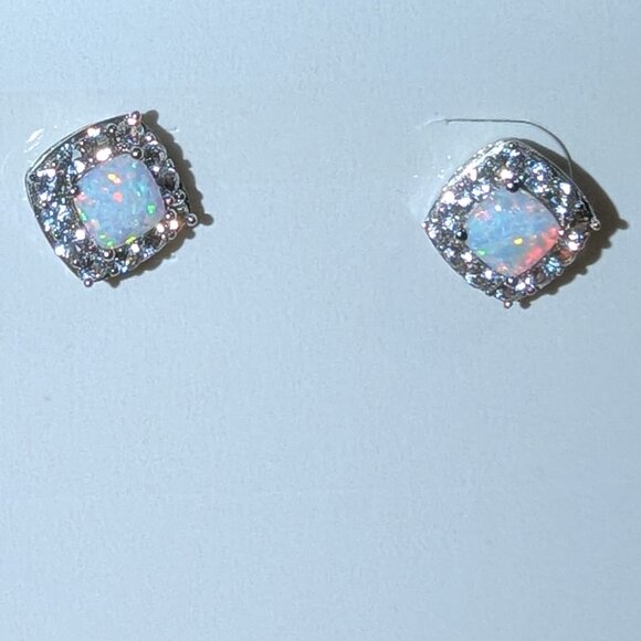 Opal White Sapphire Sterling Silver Stud Earrings - Picture 1 of 5